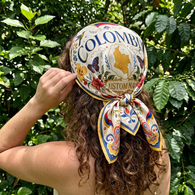 Custom Colombia Bandana, Personalized Name Silk Scarf, Colombian Flag Coffee Travel Gift