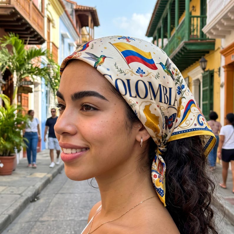 Custom Colombia Bandana, Personalized Name Silk Scarf, Colombian Flag Coffee Travel Gift