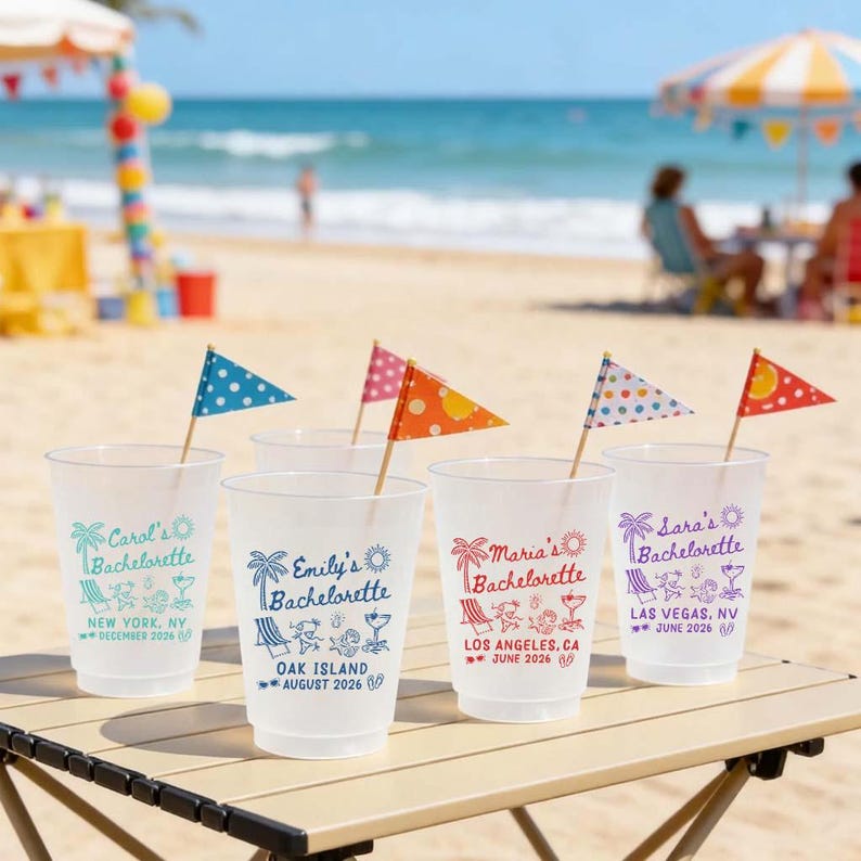 Personalized Bachelorette Party Cups, Custom Beach Bach Cups, Girls Trip Party Favor Cups
