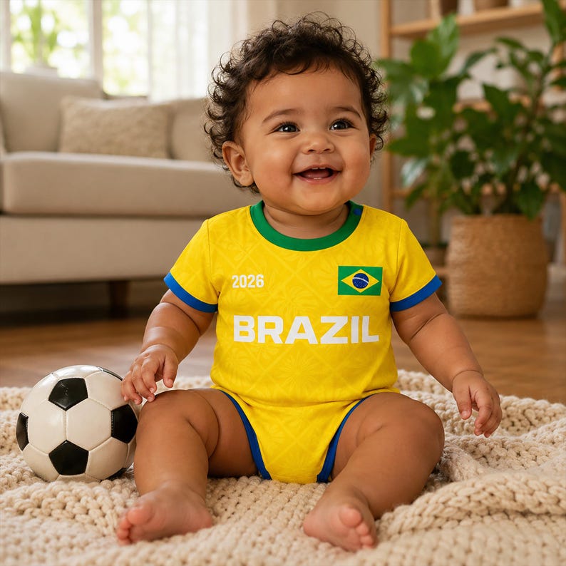 Personalized Brazil Baby Bodysuit, Custom Name Number Brazil Infant Soccer Outfit