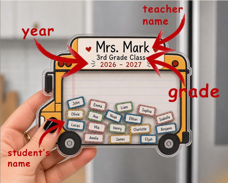 Personalized School Bus Shaker Magnet, Custom Teacher and Student Name Fridge Magnet, Back To School Gift