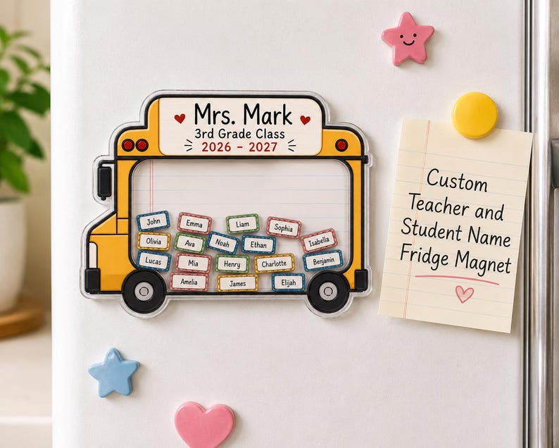 Personalized School Bus Shaker Magnet, Custom Teacher and Student Name Fridge Magnet, Back To School Gift