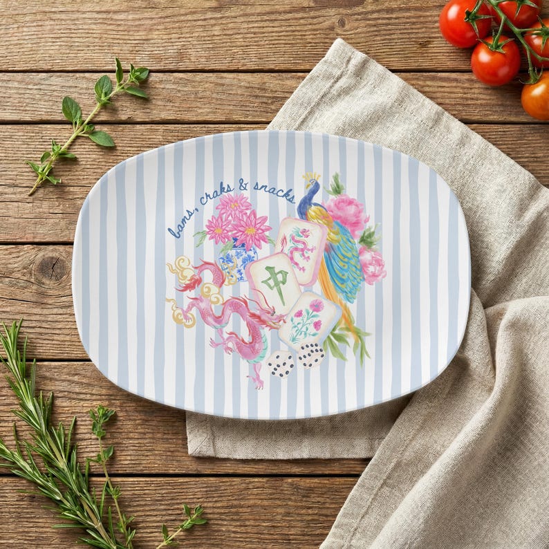Mahjong Serving Platter, Bams Craks & Snacks, Peacock & Dragon Tray, Blue Stripe Game Night Hostess Gift
