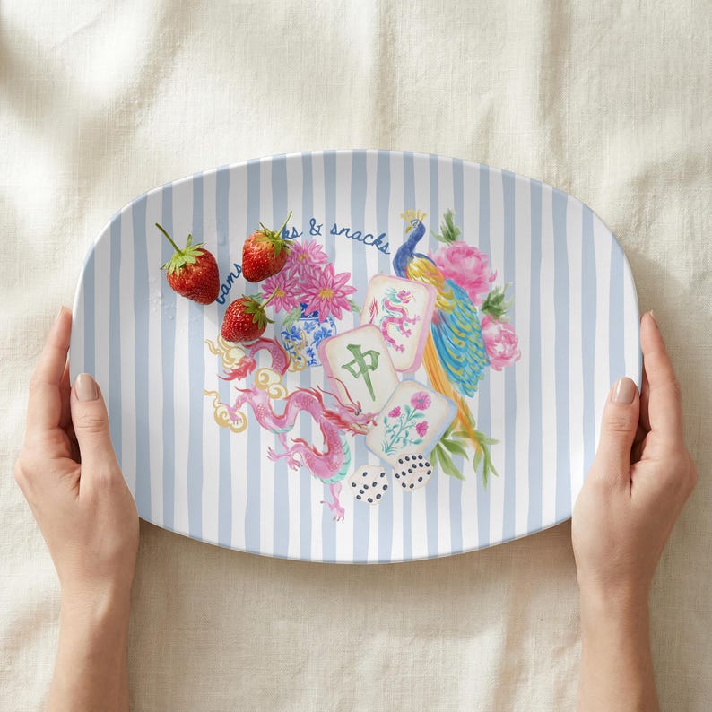 Mahjong Serving Platter, Bams Craks & Snacks, Peacock & Dragon Tray, Blue Stripe Game Night Hostess Gift