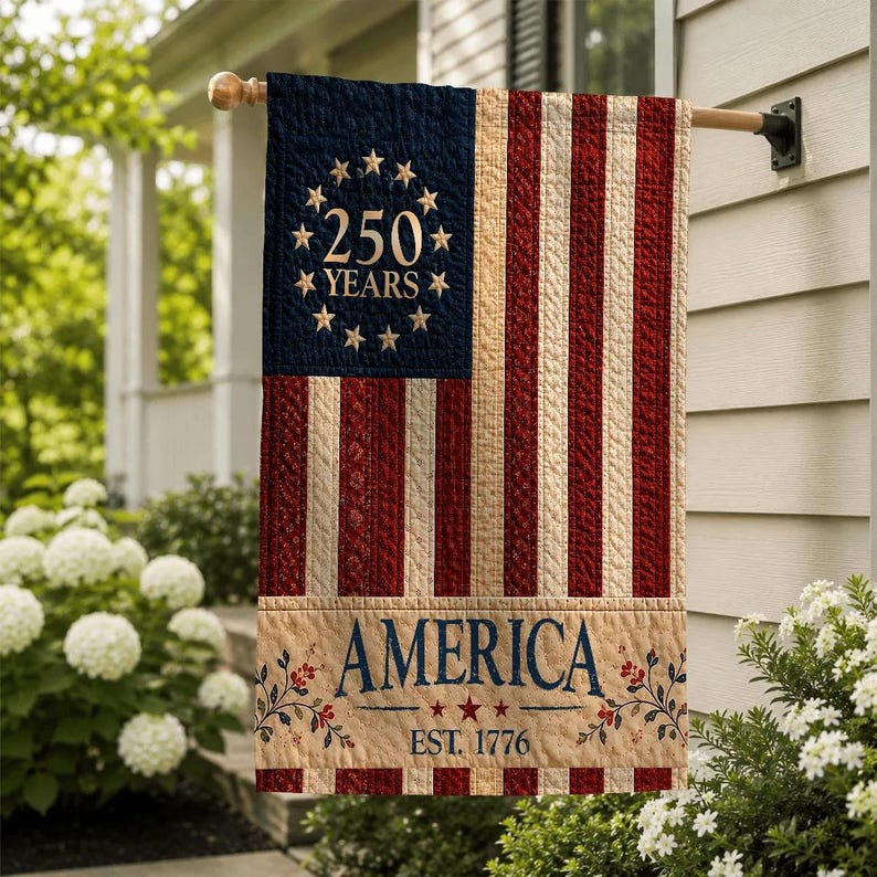 USA Vintage Style 250th Anniversary Garden Flag, Faux Patchwork Flag for Independence Day