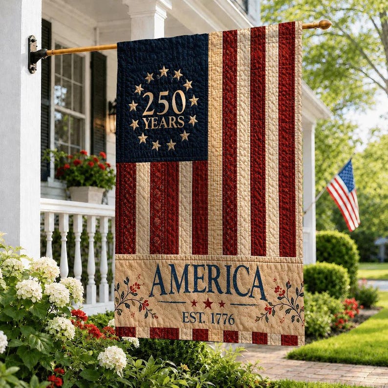 USA Vintage Style 250th Anniversary Garden Flag, Faux Patchwork Flag for Independence Day