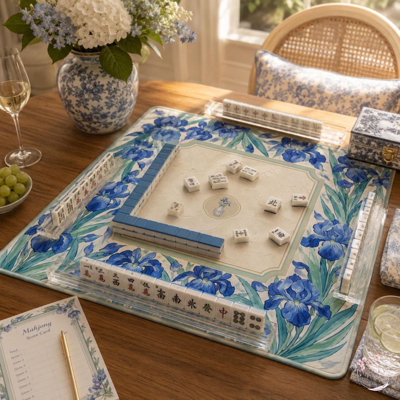 The Blue Iris Garden Mahjong Mat, Floral Mahjong Mat, Botanical American Mahjong Mat