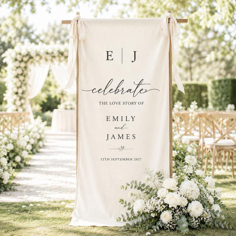 Wedding Welcome Sign, Tapestry Fabric Banner, Personalized Garden Wedding Decor