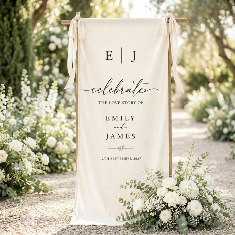 Wedding Welcome Sign, Tapestry Fabric Banner, Personalized Garden Wedding Decor