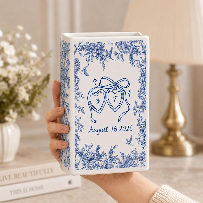 Personalized Engagement Ceramic Book Vase,Custom Toile De Jouy Couple Name Book Vase
