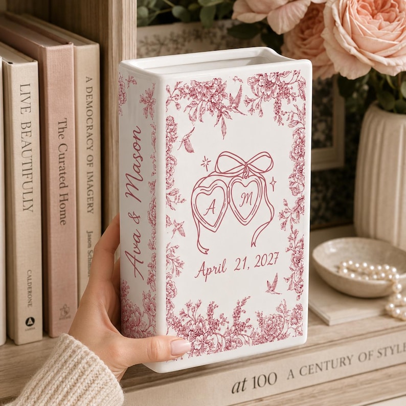 Personalized Engagement Ceramic Book Vase,Custom Toile De Jouy Couple Name Book Vase