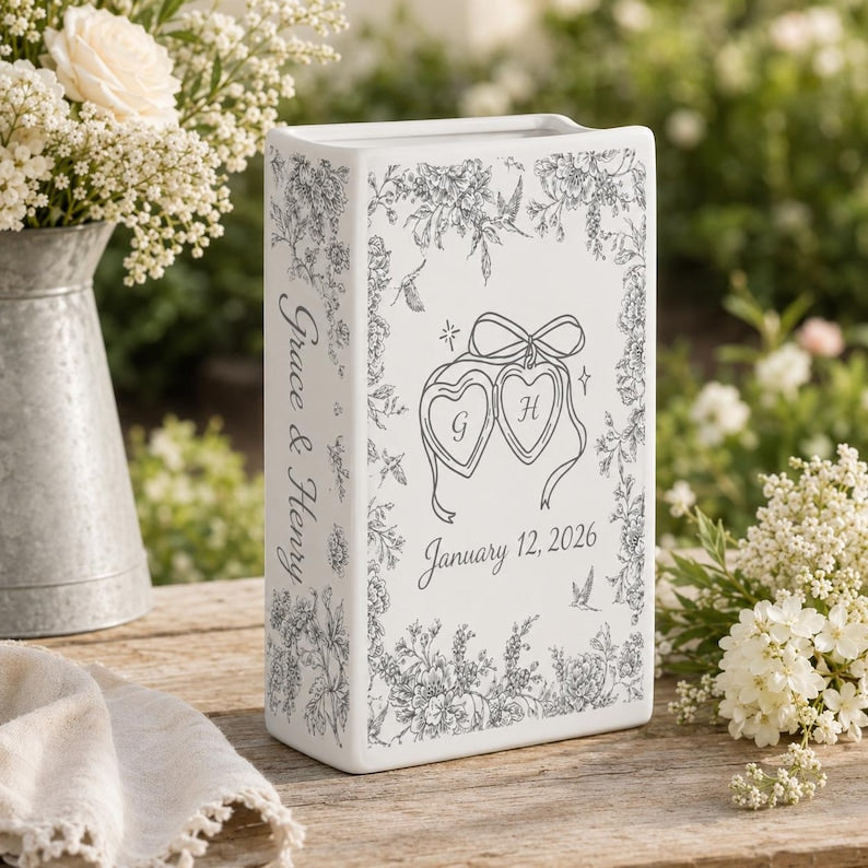 Personalized Engagement Ceramic Book Vase,Custom Toile De Jouy Couple Name Book Vase