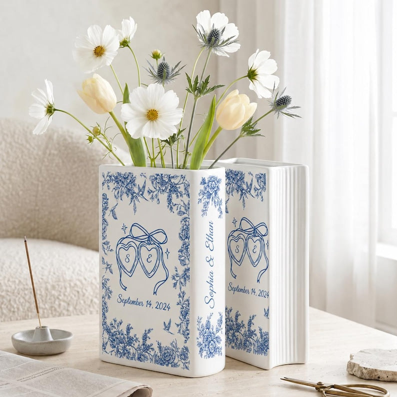 Personalized Engagement Ceramic Book Vase,Custom Toile De Jouy Couple Name Book Vase