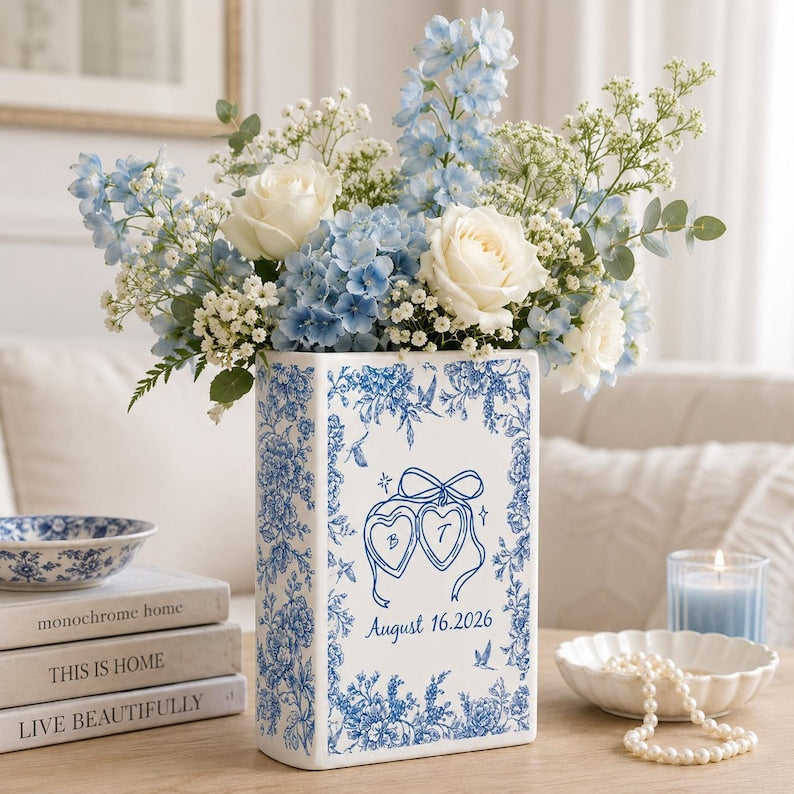 Personalized Engagement Ceramic Book Vase,Custom Toile De Jouy Couple Name Book Vase