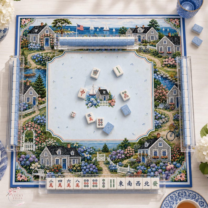 The Nantucket Hydrangea Mahjong Mat, Coastal Cottage American Mahjong Mat, Sailboat Beach House Decor