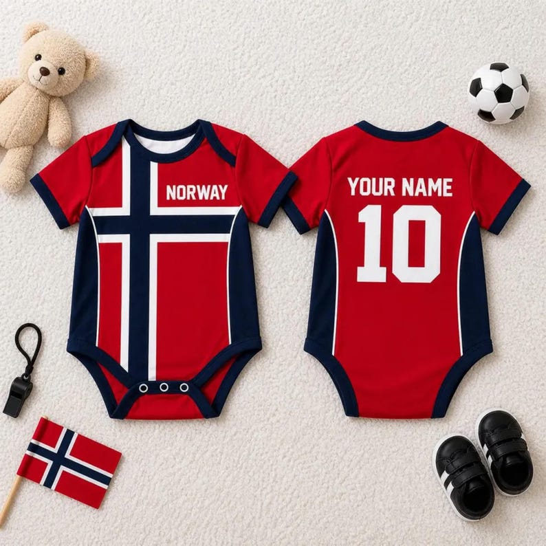 Personalized Norway Football Baby Bodysuit, Custom Soccer Infant Jersey