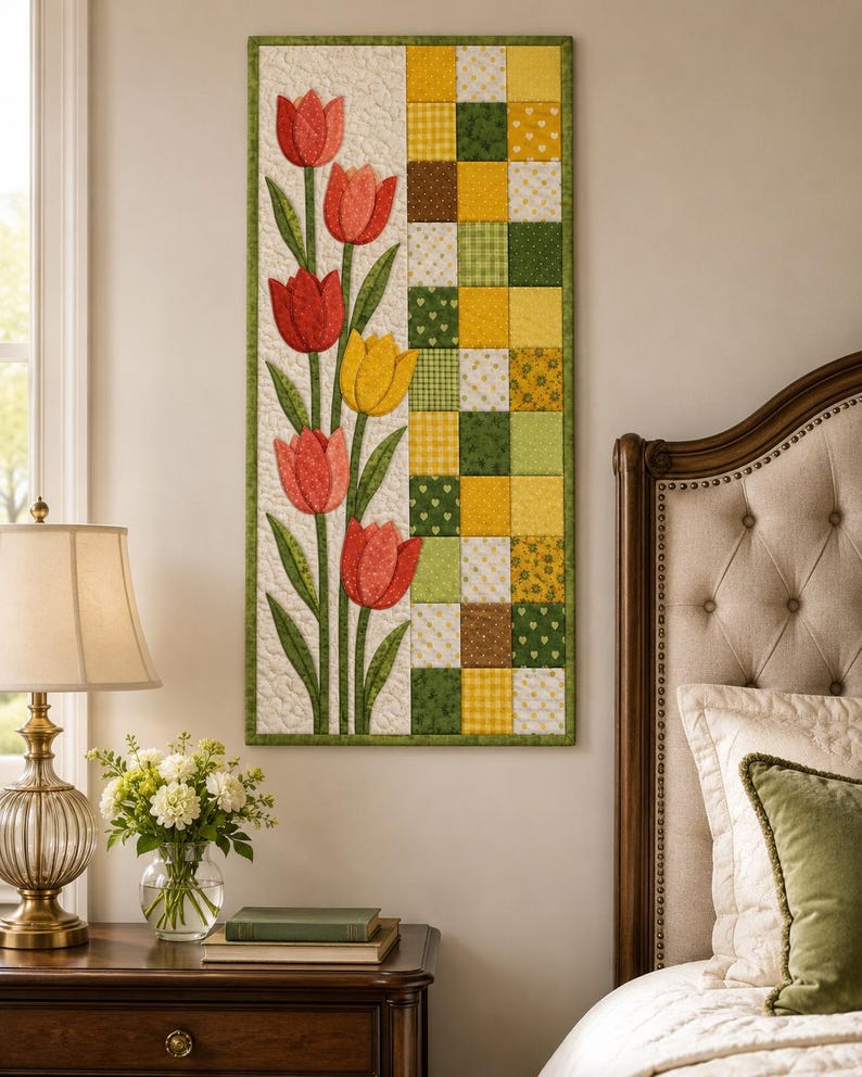 Tulip Quilt Pattern, Spring Table Runner, Floral Wall Hanging