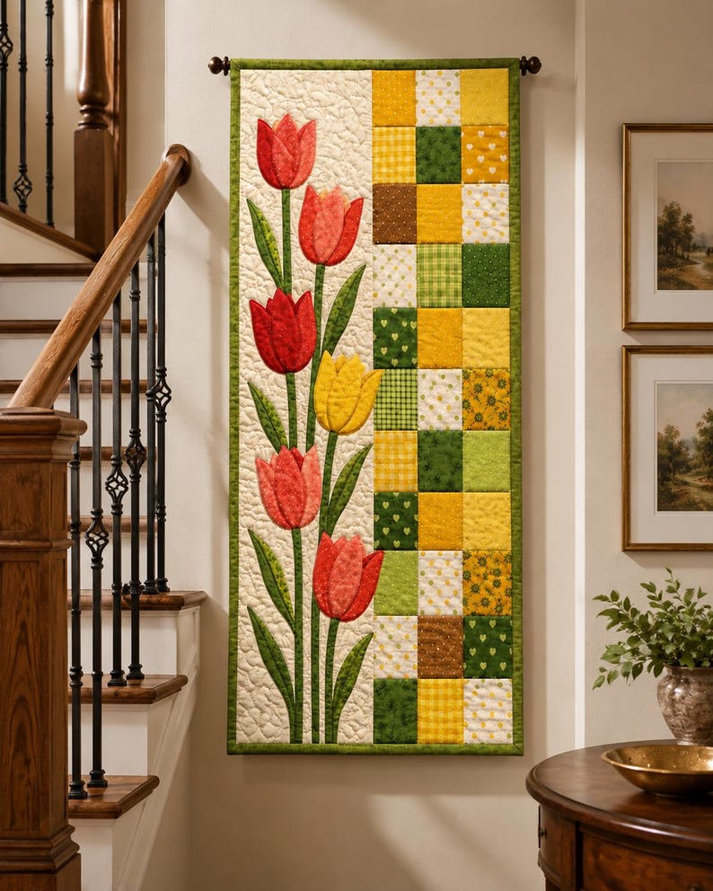 Tulip Quilt Pattern, Spring Table Runner, Floral Wall Hanging
