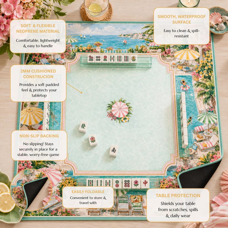 Palm Beach Resort Mahjong Mat, American Mahjong Mat, Coastal Poolside Mahjong Table Mat, Preppy Summer Mahjong Gift