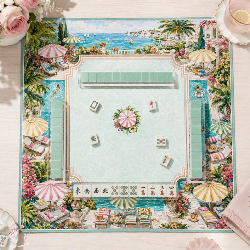 Palm Beach Resort Mahjong Mat, American Mahjong Mat, Coastal Poolside Mahjong Table Mat, Preppy Summer Mahjong Gift