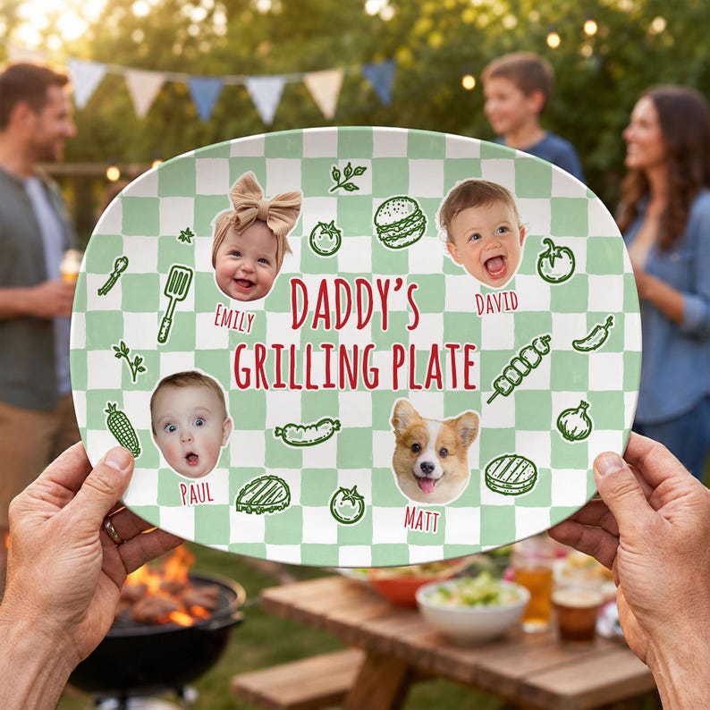 Personalized Pet & Kids Photo Dads Grilling Plate, Baby Face Photo Platter, BBQ Dad Gift