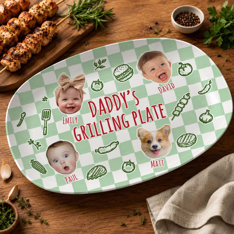 Personalized Pet & Kids Photo Dads Grilling Plate, Baby Face Photo Platter, BBQ Dad Gift