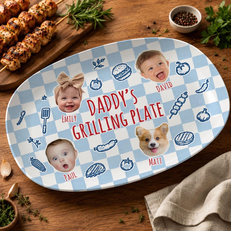 Personalized Pet & Kids Photo Dads Grilling Plate, Baby Face Photo Platter, BBQ Dad Gift