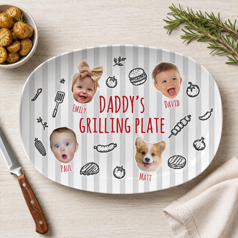 Personalized Pet & Kids Photo Dads Grilling Plate, Baby Face Photo Platter, BBQ Dad Gift