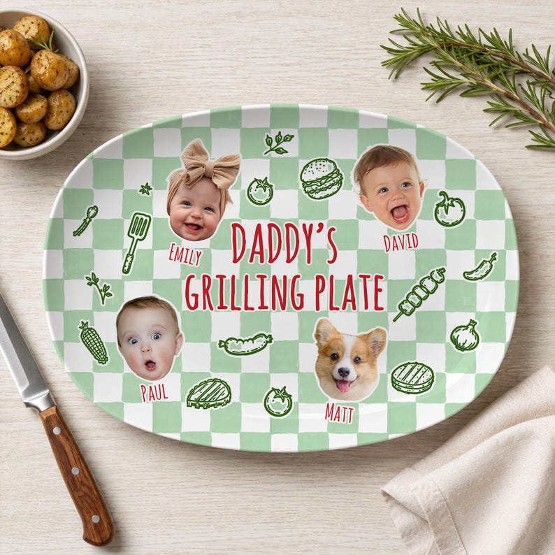 Personalized Pet & Kids Photo Dads Grilling Plate, Baby Face Photo Platter, BBQ Dad Gift