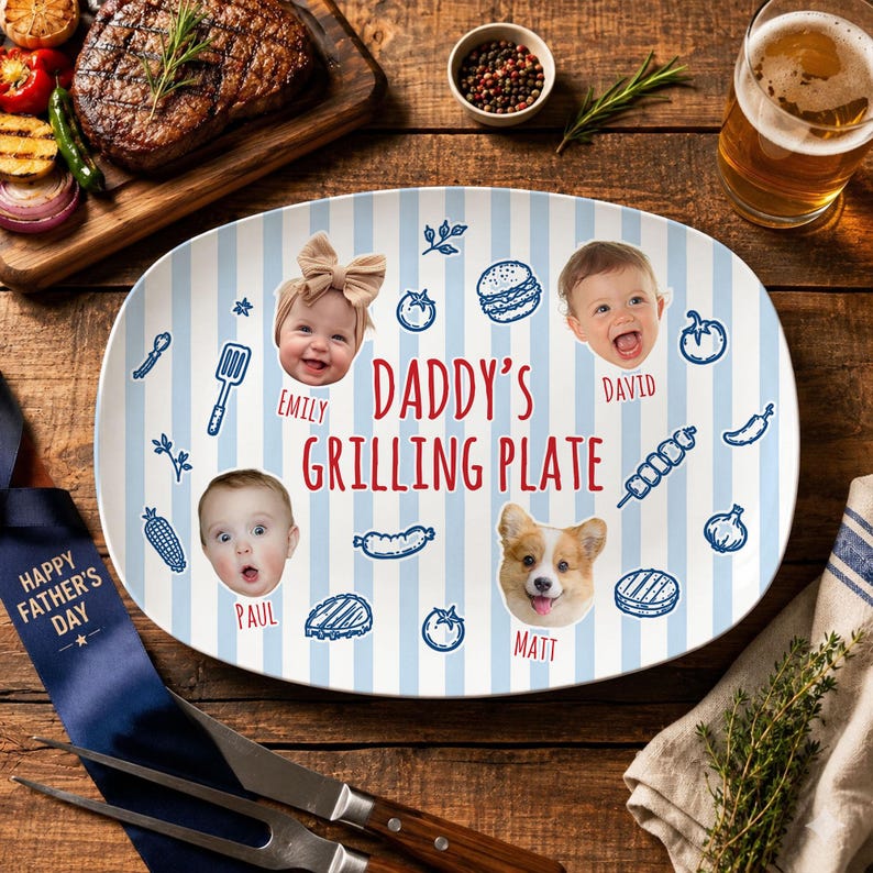 Personalized Pet & Kids Photo Dads Grilling Plate, Baby Face Photo Platter, BBQ Dad Gift