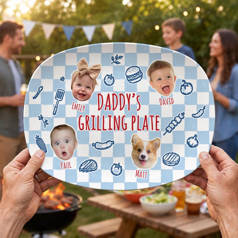 Personalized Pet & Kids Photo Dads Grilling Plate, Baby Face Photo Platter, BBQ Dad Gift