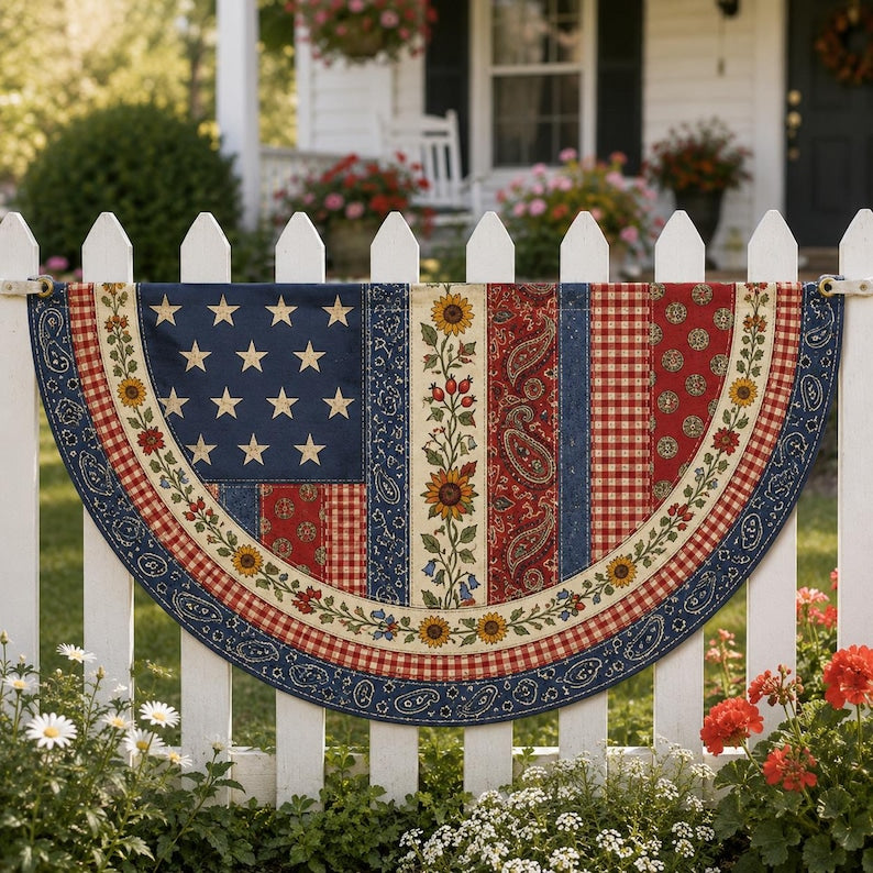 Patriotic Faux Patchwork Semicircle Fence Flag, Americana Quilt Style Outdoor Printing Banner
