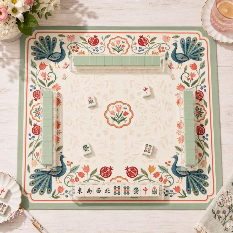 The Folkloria Peacock Garden Mahjong Mat, American Mahjong Mat, Folk Art Floral Mahjong Table Mat, Botanical Peacock