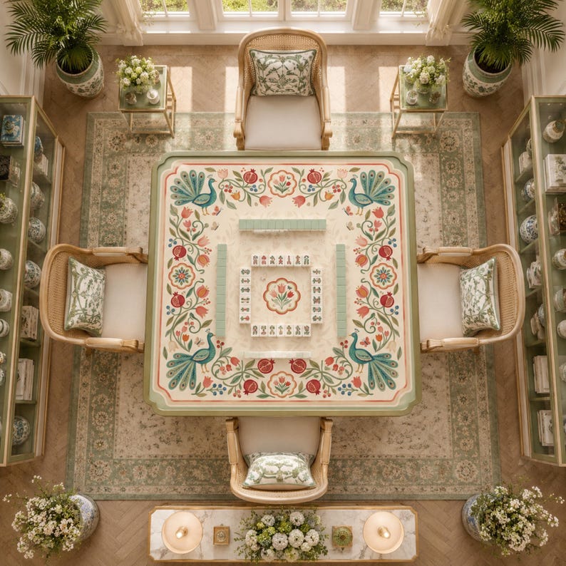 The Folkloria Peacock Garden Mahjong Mat, American Mahjong Mat, Folk Art Floral Mahjong Table Mat, Botanical Peacock