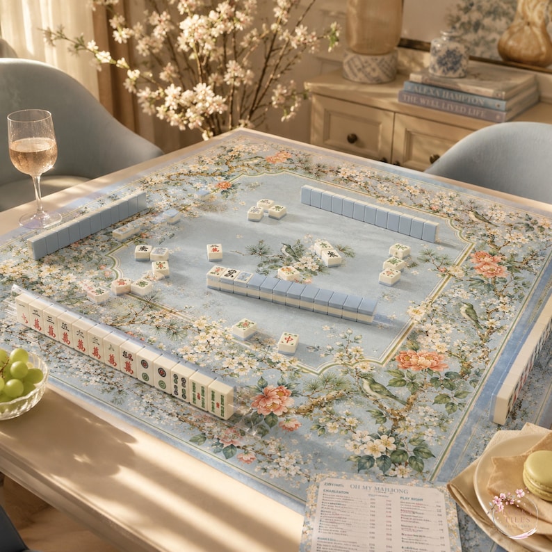 Blue Chinoiserie Songbird Mahjong Mat, American Mahjong Mat, Floral Blossom Botanical Garden Mahjong Gift