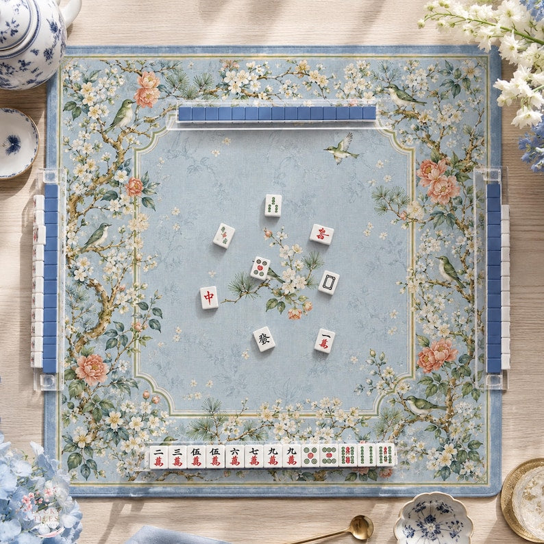 Blue Chinoiserie Songbird Mahjong Mat, American Mahjong Mat, Floral Blossom Botanical Garden Mahjong Gift