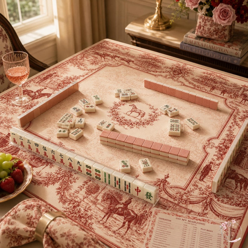 Red Toile Equestrian Mahjong Mat, American Mahjong Mat, Horse Racing Garden, French Country Toile Mahjong Gift