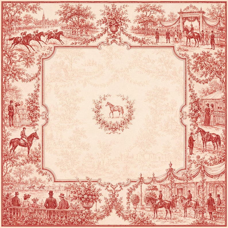 Red Toile Equestrian Mahjong Mat, American Mahjong Mat, Horse Racing Garden, French Country Toile Mahjong Gift