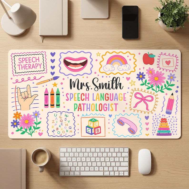 Custom Speech Therapist Desk Mat, Speech Language Pathologist Keyboard Cover Gift
