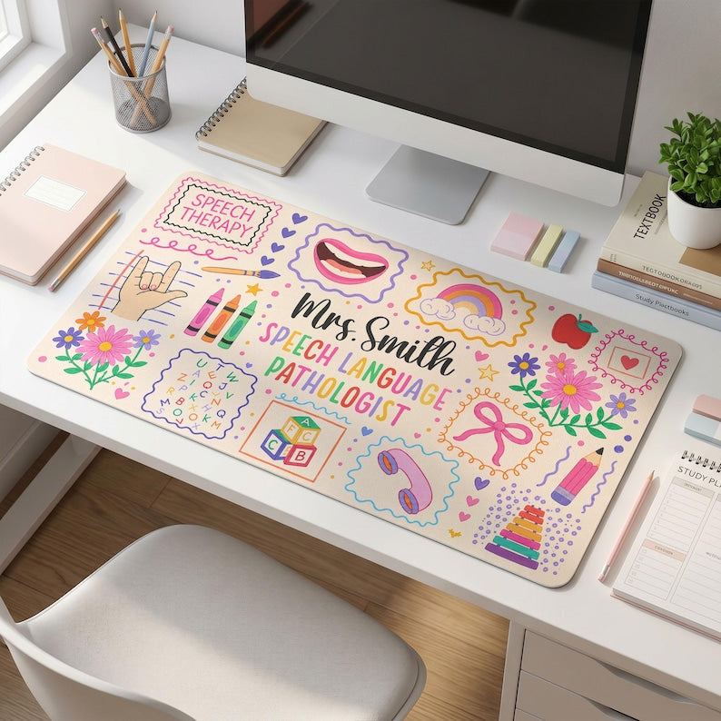 Custom Speech Therapist Desk Mat, Speech Language Pathologist Keyboard Cover Gift