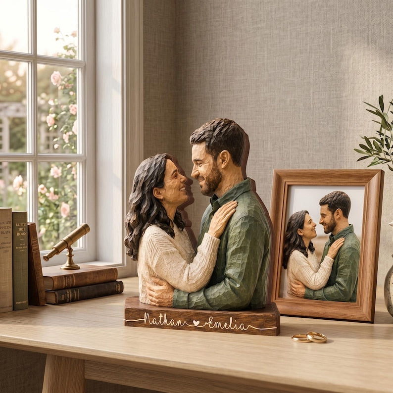 Personalized Couple Wooden Sculpture, Custom Hugging Couple Figurine, Romantic Anniversary Gift