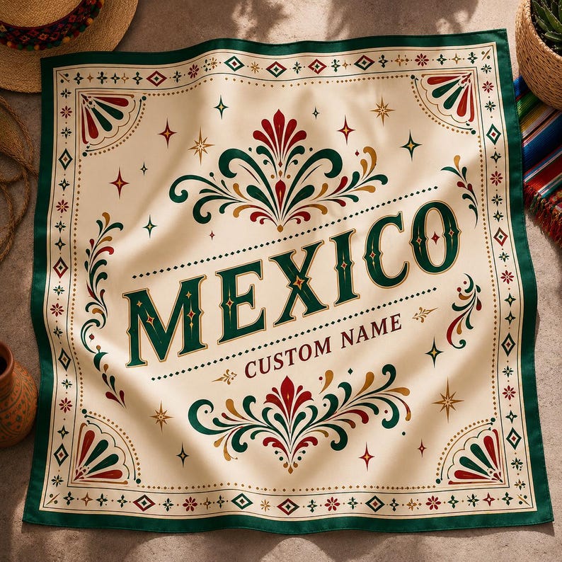 Personalized Satin Scarf, Custom Name Mexican Folk Art Scarf