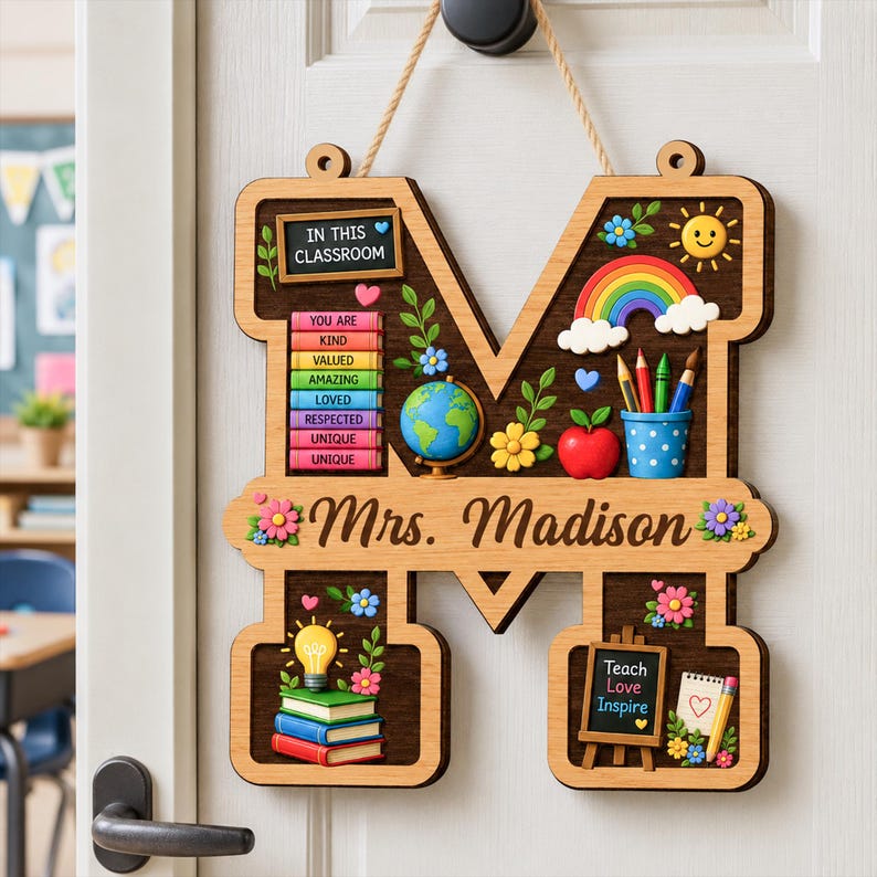Personalized Teacher Letter Sign, Custom Teacher Name Sign, Classroom Door Hanger