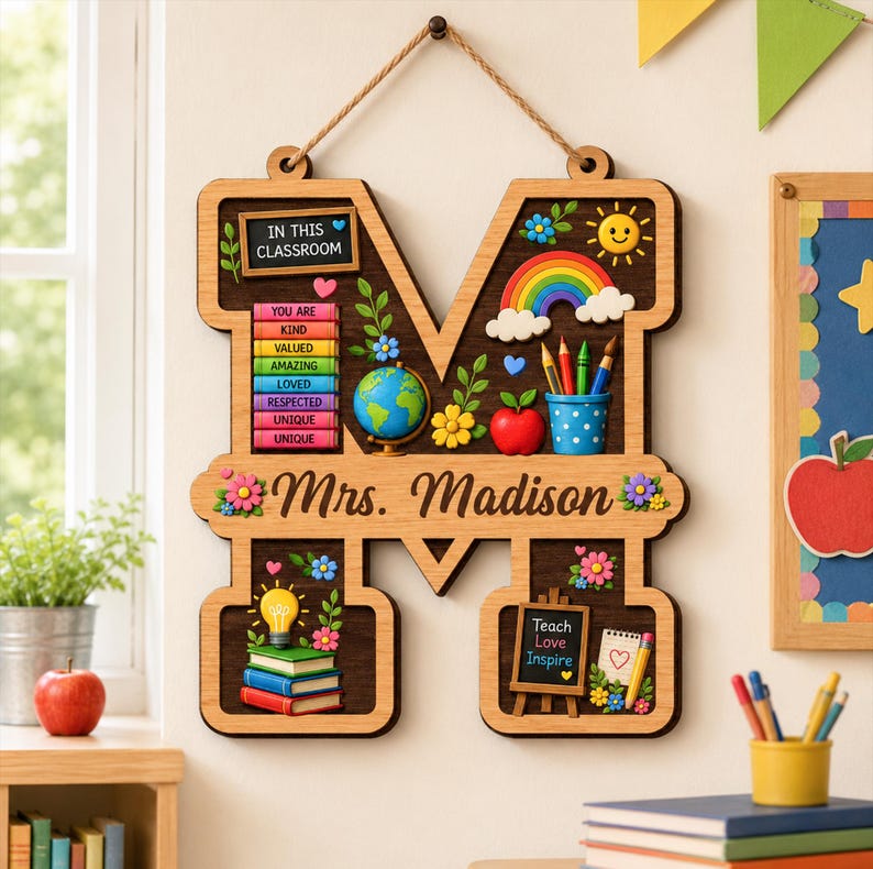 Personalized Teacher Letter Sign, Custom Teacher Name Sign, Classroom Door Hanger