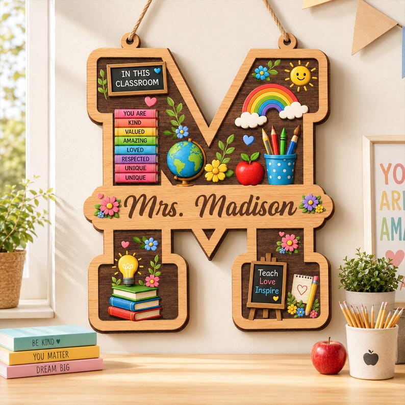 Personalized Teacher Letter Sign, Custom Teacher Name Sign, Classroom Door Hanger