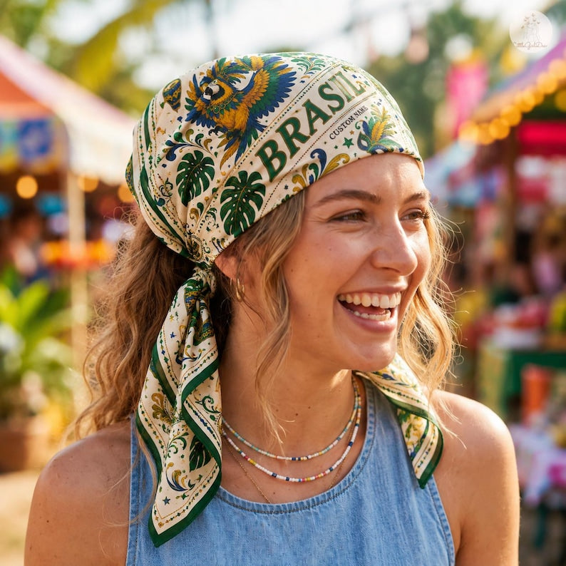 Personalized Brazil Satin Scarf, Custom Brazil Bandana, Football Fan Hair Wrap