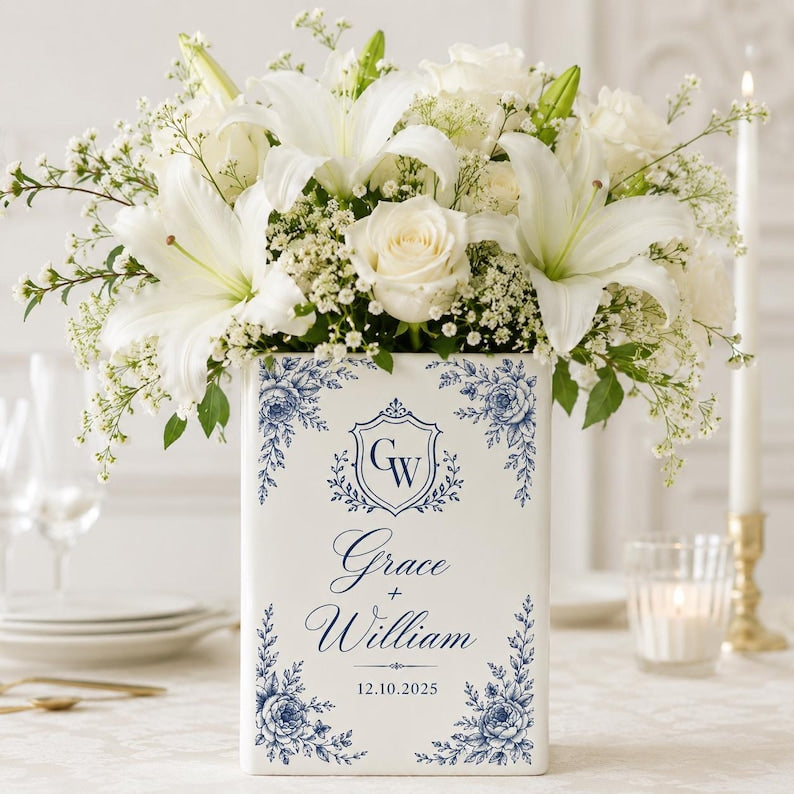 Personalized Ceramic Book Vase, Custom Couple Name Date Vase