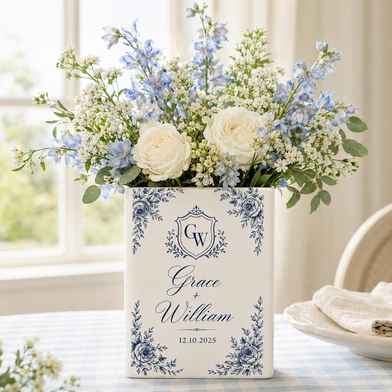 Personalized Ceramic Book Vase, Custom Couple Name Date Vase
