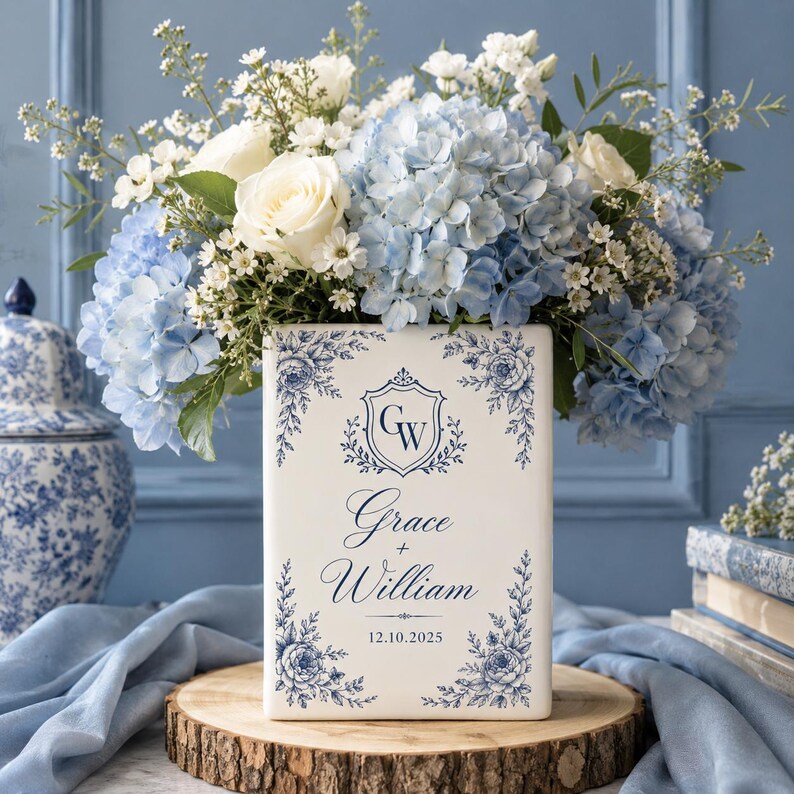 Personalized Ceramic Book Vase, Custom Couple Name Date Vase