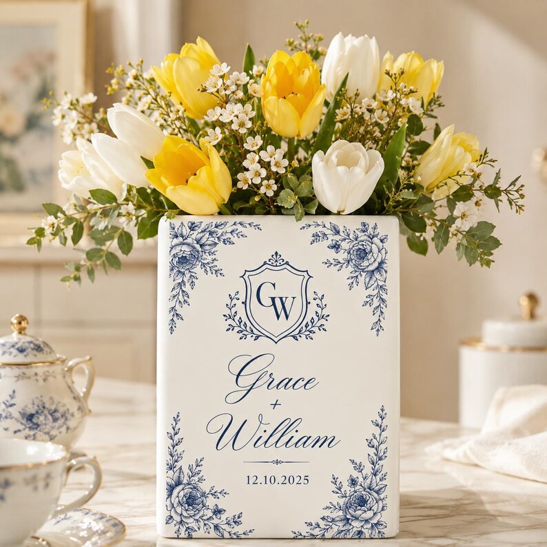 Personalized Ceramic Book Vase, Custom Couple Name Date Vase